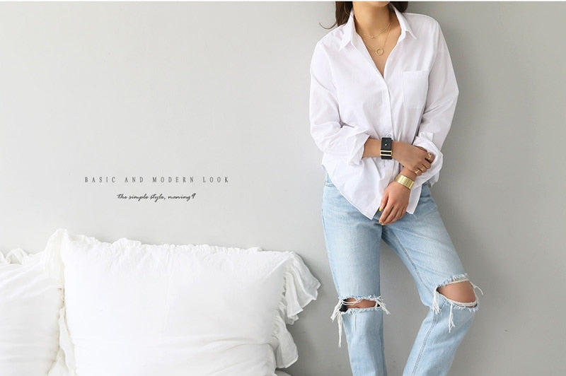 Spring One Pocket Women White Shirt Female