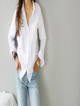 Spring One Pocket Women White Shirt Female