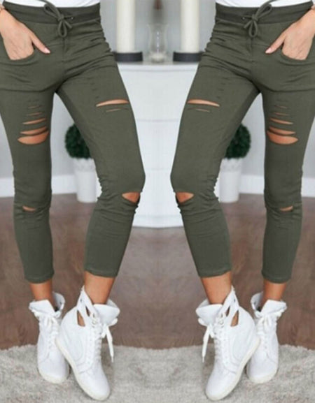 Sexy Women High Waist Denim Stretch Jeans Destroying Skinny Ripped Jeans