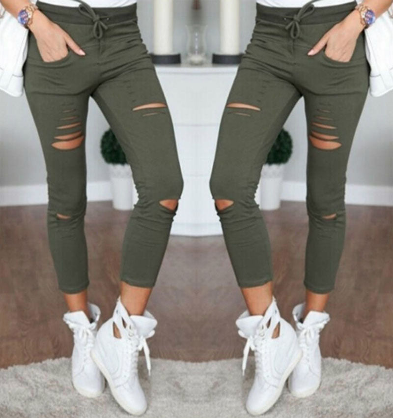 Sexy Women High Waist Denim Stretch Jeans Destroying Skinny Ripped Jeans