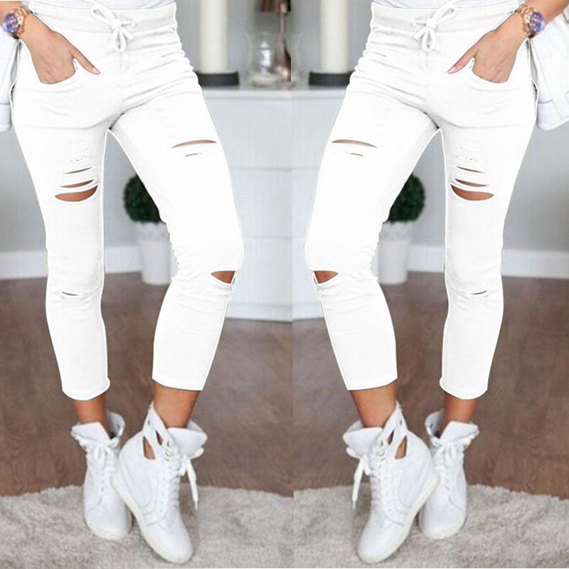 Sexy Women High Waist Denim Stretch Jeans Destroying Skinny Ripped Jeans