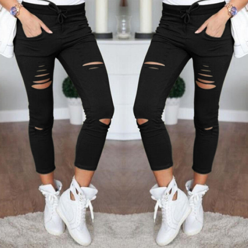 Sexy Women High Waist Denim Stretch Jeans Destroying Skinny Ripped Jeans