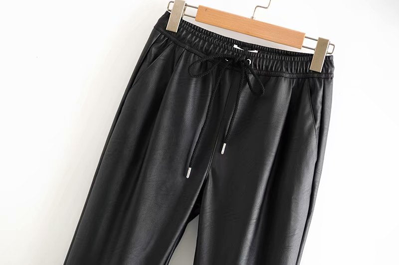 Stylish bloomers pu leather pockets pants women 2020 fashion elastic waist drawstring