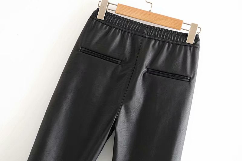 Stylish bloomers pu leather pockets pants women 2020 fashion elastic waist drawstring