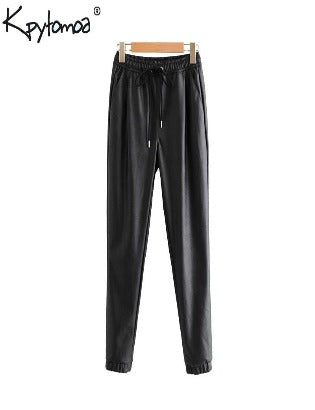 Stylish bloomers pu leather pockets pants women 2020 fashion elastic waist drawstring