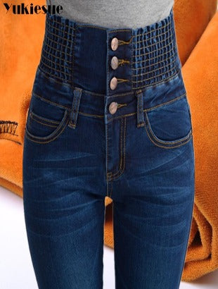 Womens winter jeans high waist pants elastic waist