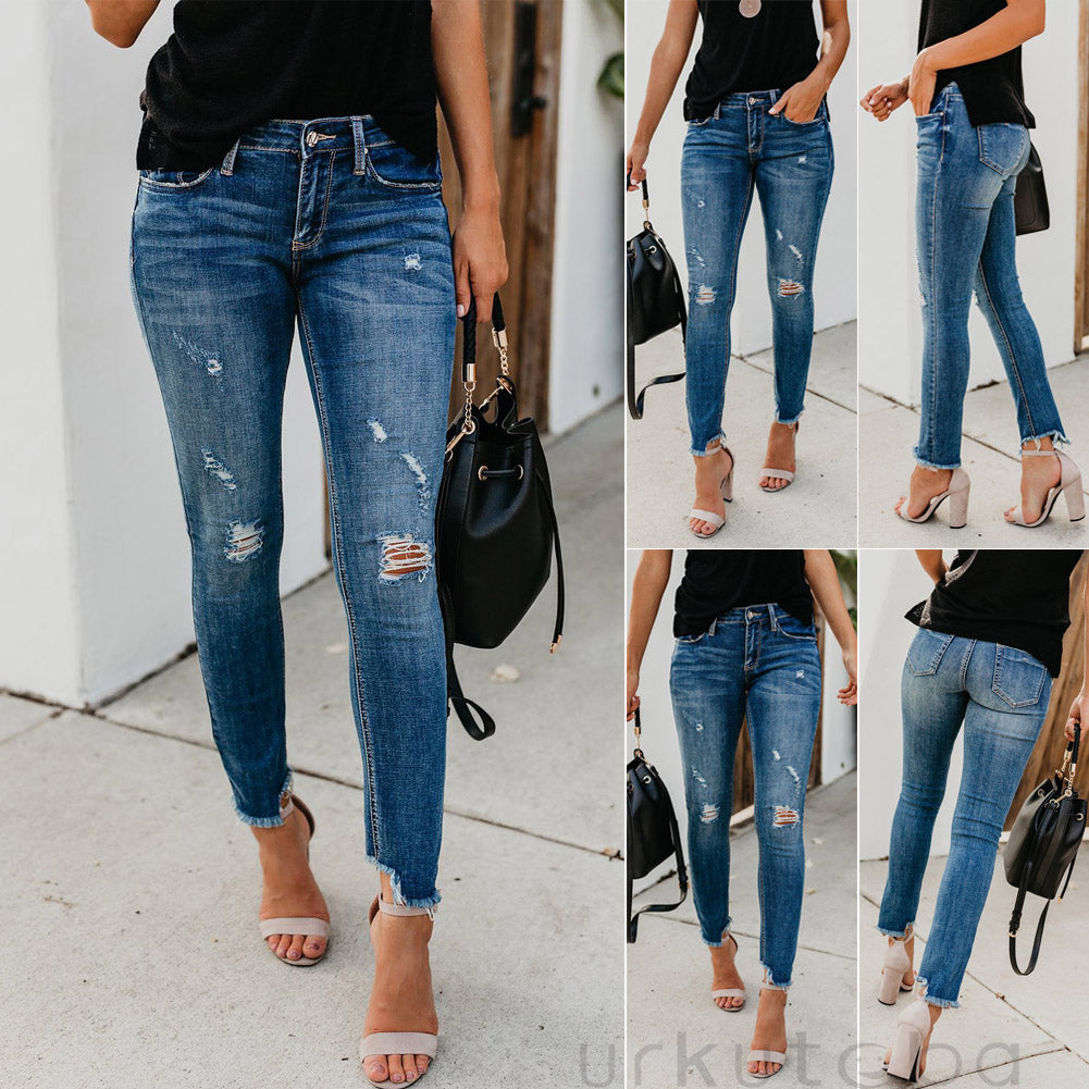 The latest hot women stretch skinny ripped high waist shredded jeans trousers