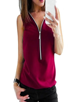 Zipper Short Sleeve Women Shirts Sexy V Neck