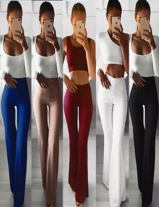 Summer autumn solid elegant lady women Palazzo flared wide killer legs pants high waist