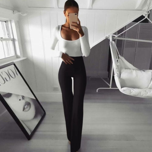 Summer autumn solid elegant lady women Palazzo flared wide killer legs pants high waist