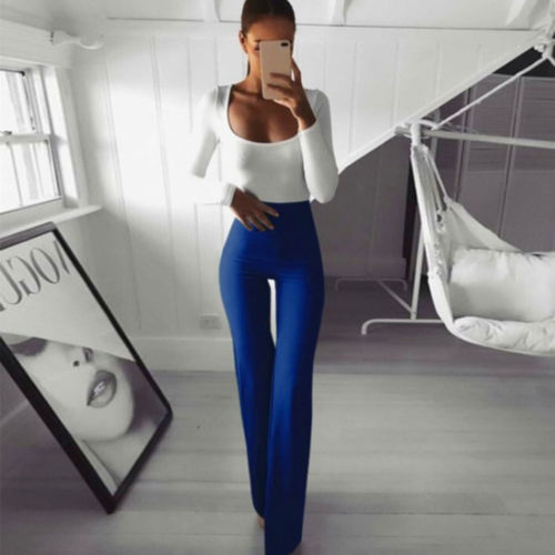 Summer autumn solid elegant lady women Palazzo flared wide killer legs pants high waist