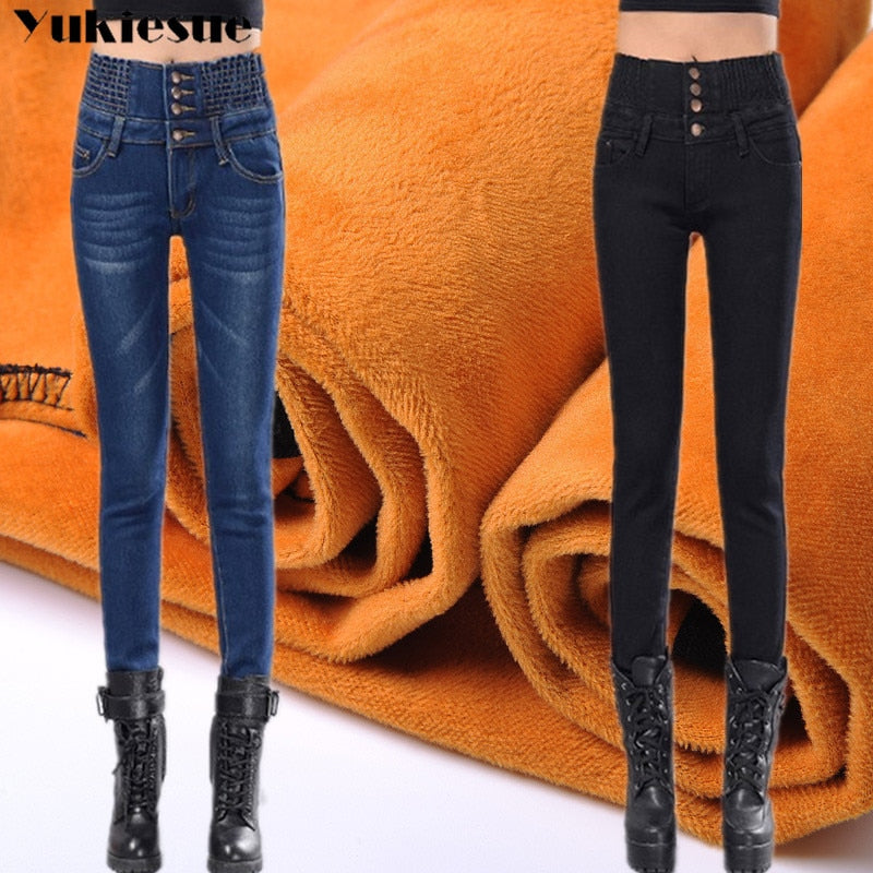 Womens winter jeans high waist pants elastic waist