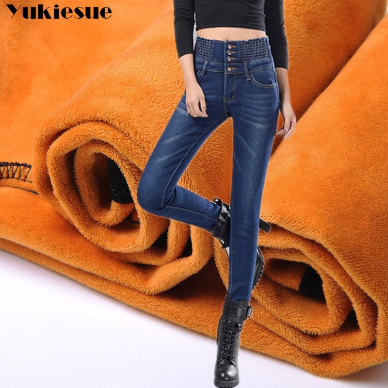 Womens winter jeans high waist pants elastic waist