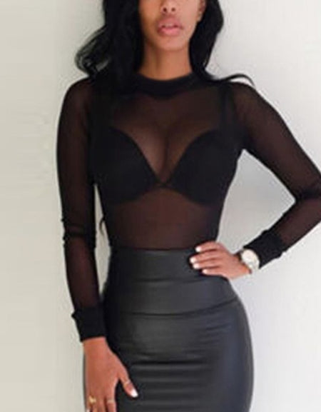 Sexy Women Blouses See Through Transparent Mesh Stand