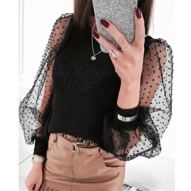 Women's Sheer Mesh Blouse New Fashion Elegant all Blouse