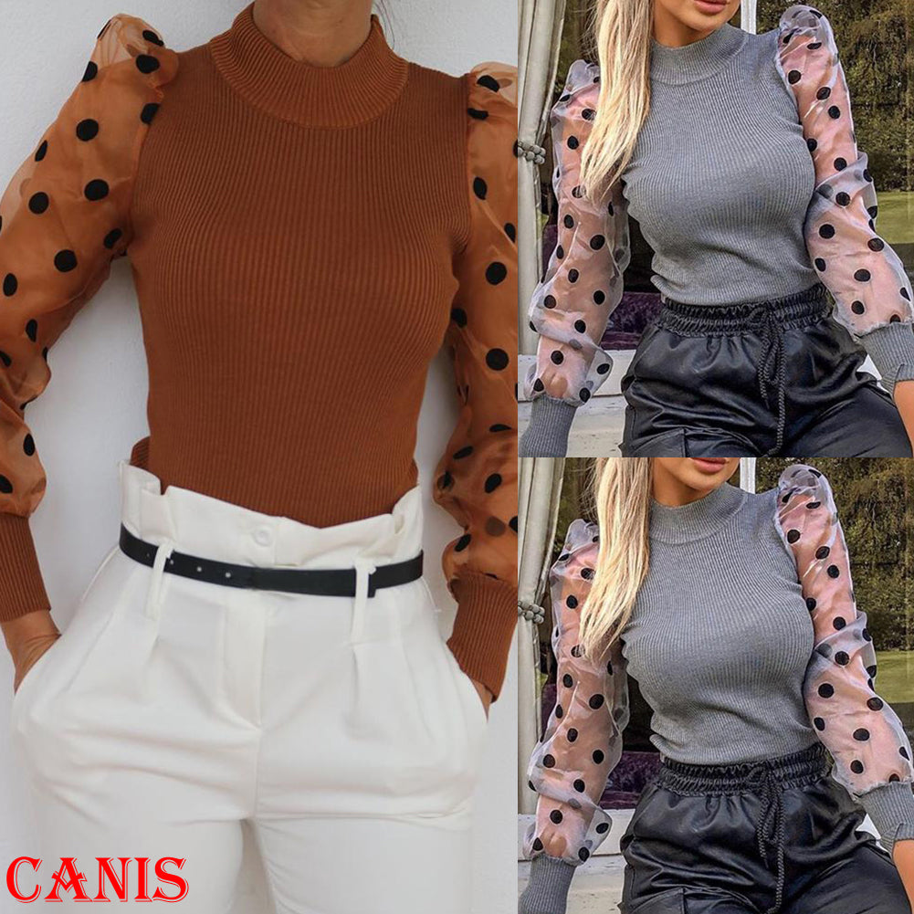 Women Spring Mesh Puff Long Sleeve Ribbed Knitted Shirt Loose