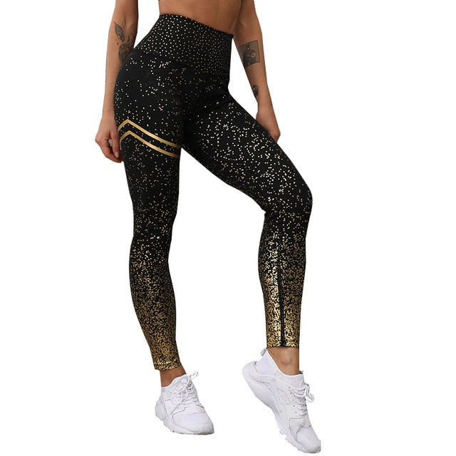 Women Gold Print Leggings No Transparent Exercise Fitness Leggings