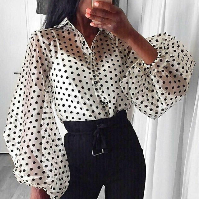 Women Polka Dot Retro Blouse Lady Early Autumn