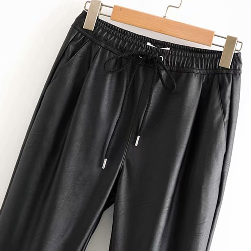 Stylish bloomers pu leather pockets pants women 2020 fashion elastic waist drawstring