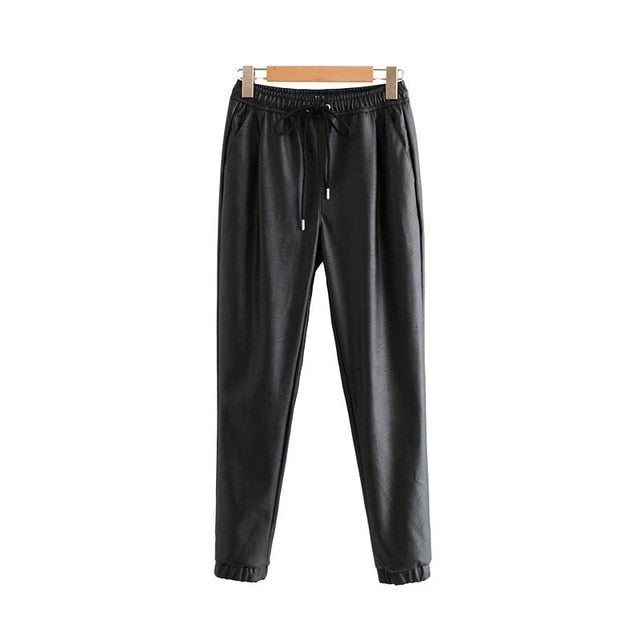 Stylish bloomers pu leather pockets pants women 2020 fashion elastic waist drawstring