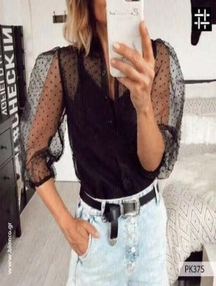 Women Mesh Sheer Blouse See-through Long Sleeve