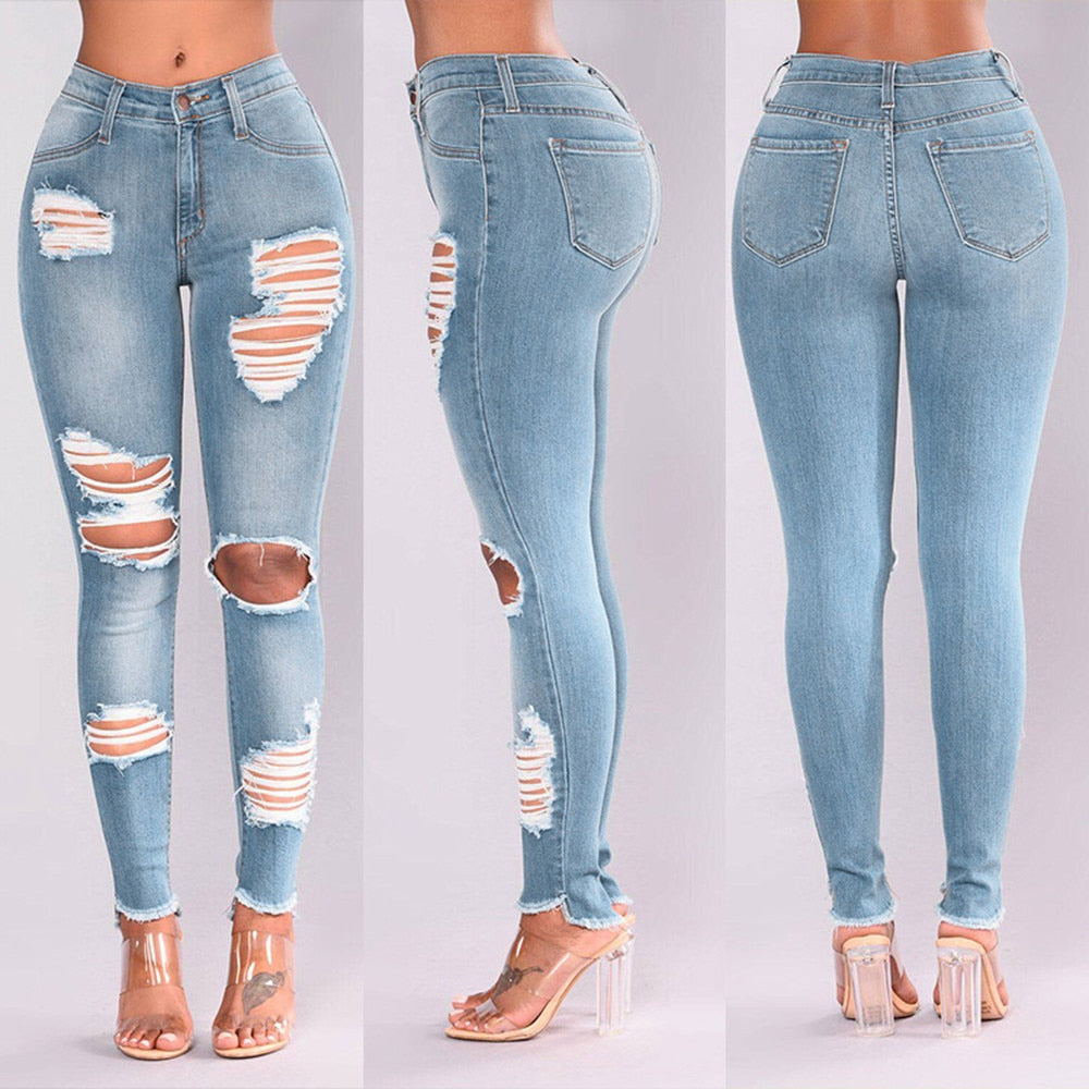 Women denim pants skinny high waist jeans destroyed knee holes