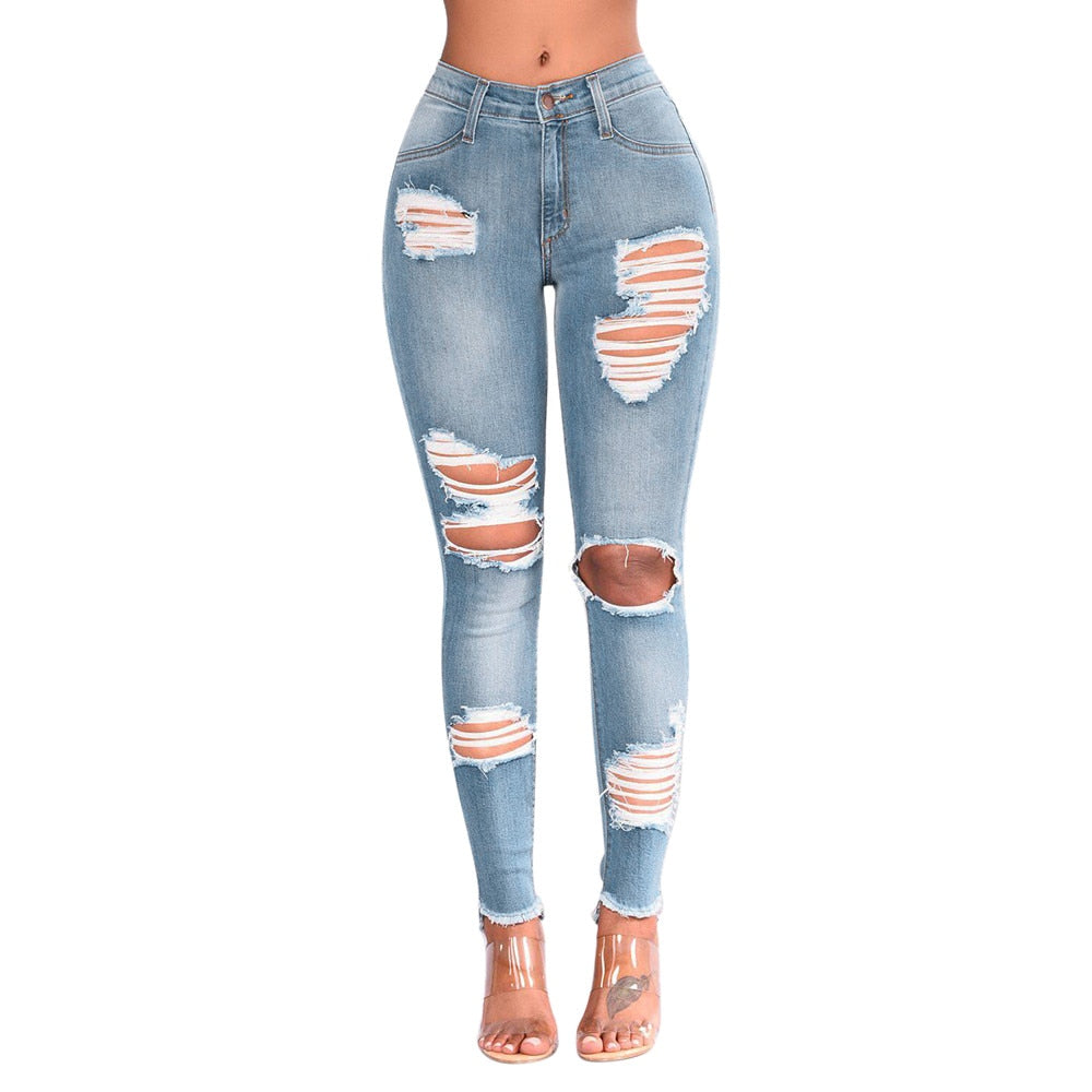 Women denim pants skinny high waist jeans destroyed knee holes