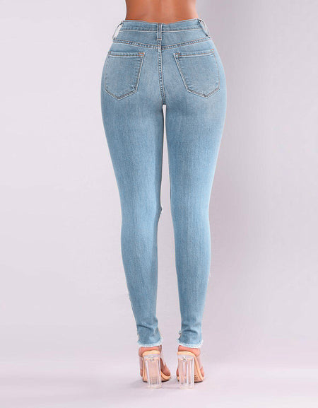 Women denim pants skinny high waist jeans destroyed knee holes
