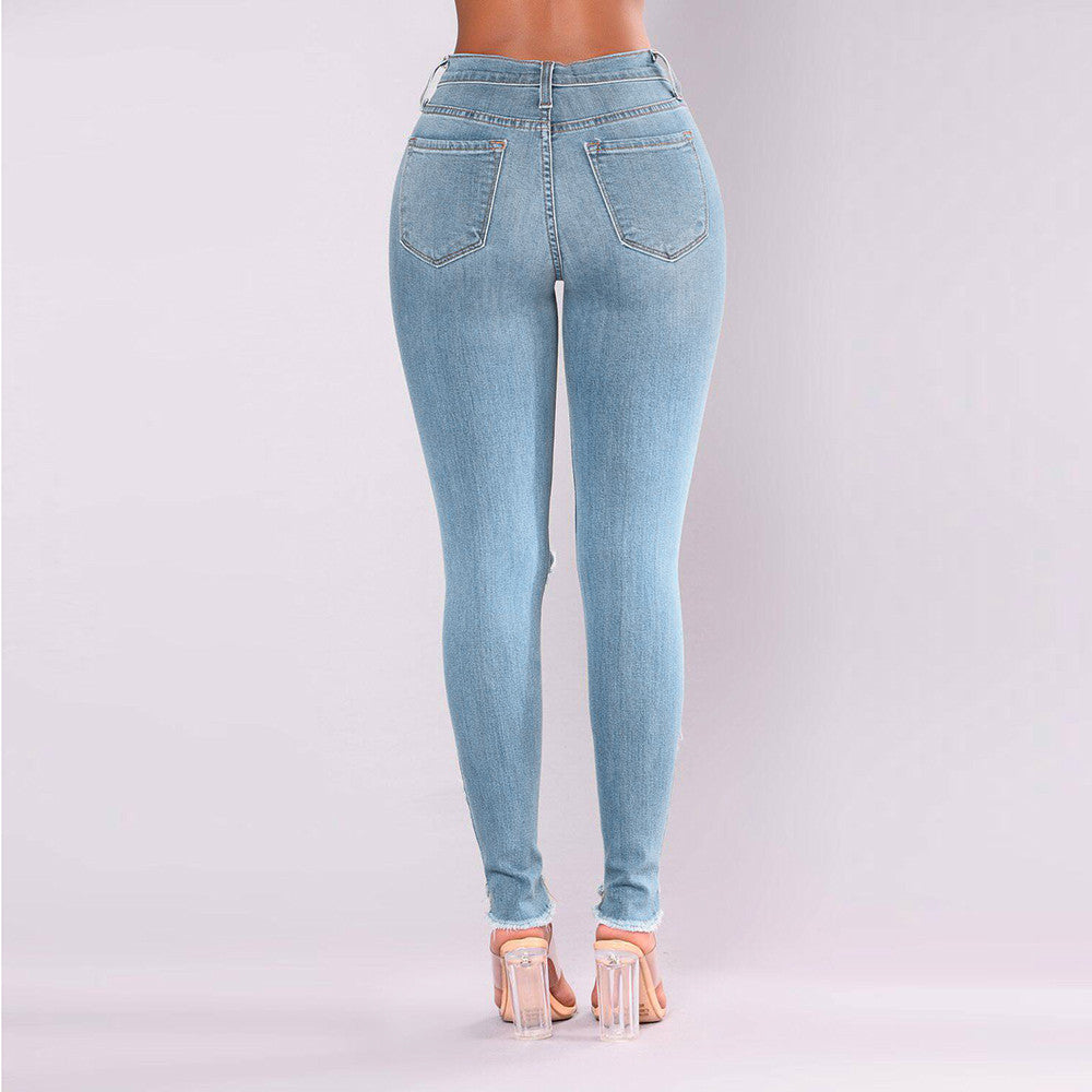 Women denim pants skinny high waist jeans destroyed knee holes