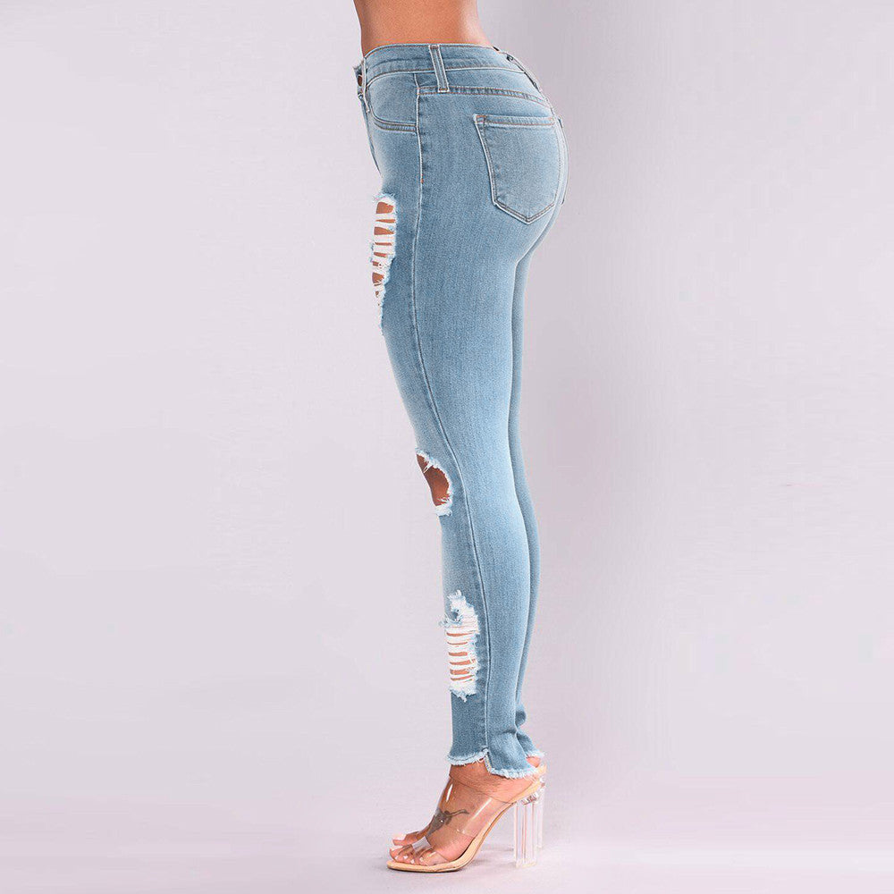 Women denim pants skinny high waist jeans destroyed knee holes