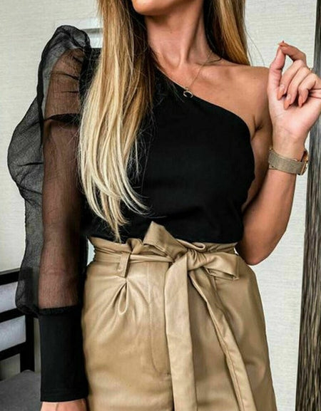 Women Mesh Net Blouse Sheer Puff Sleeve Top One