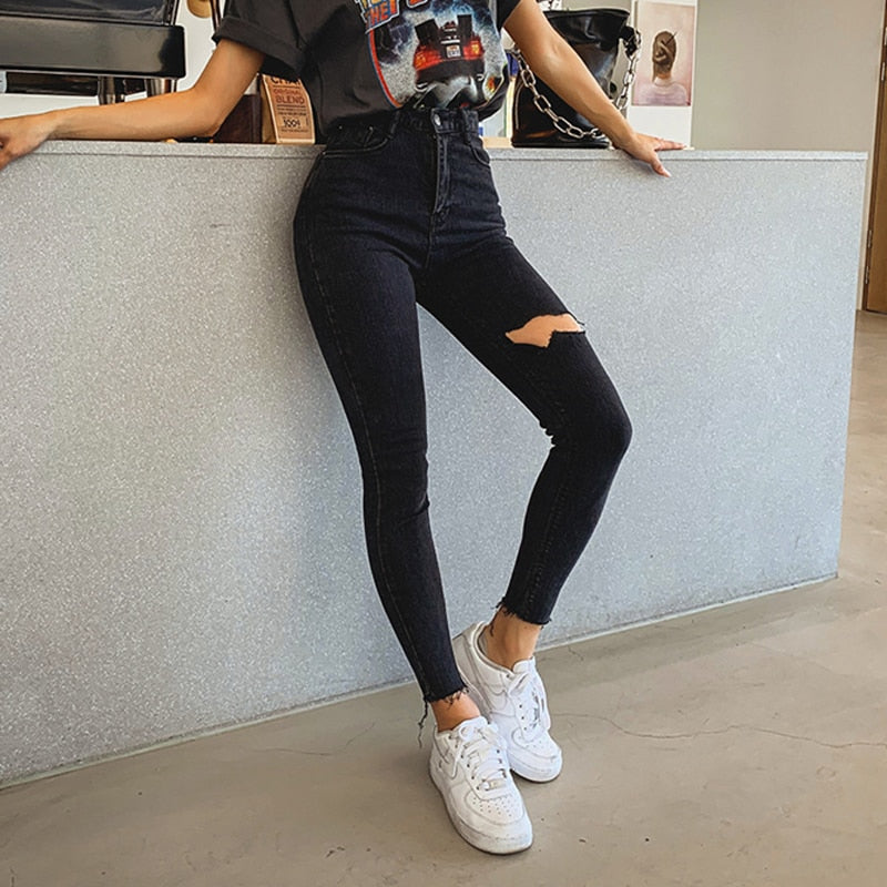 Sexy high waist tassel ripped denim holes