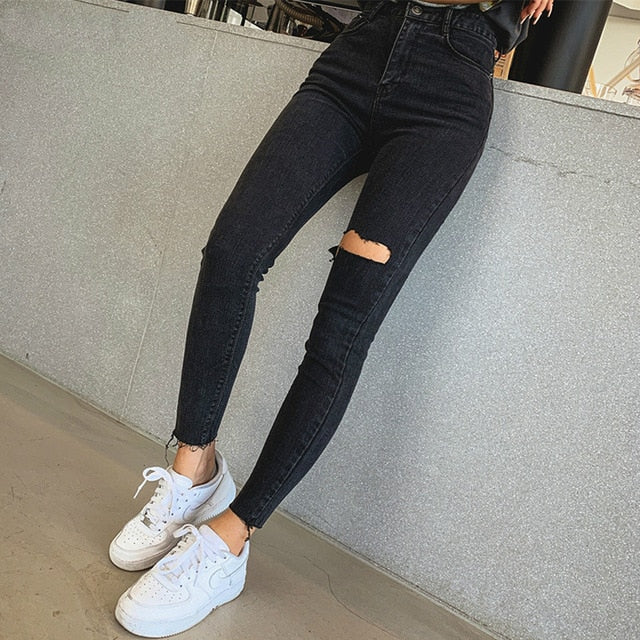 Sexy high waist tassel ripped denim holes