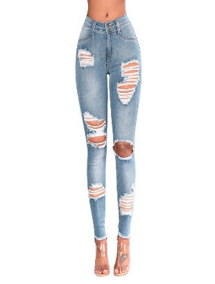 Women denim pants skinny high waist jeans destroyed knee holes