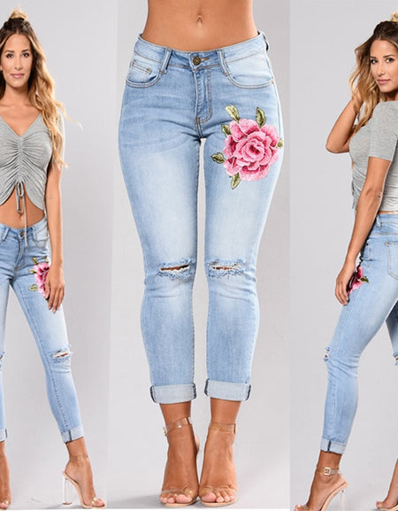 Stretch jeans embroidered elastic flower jeans Slim denim hole ripped rose