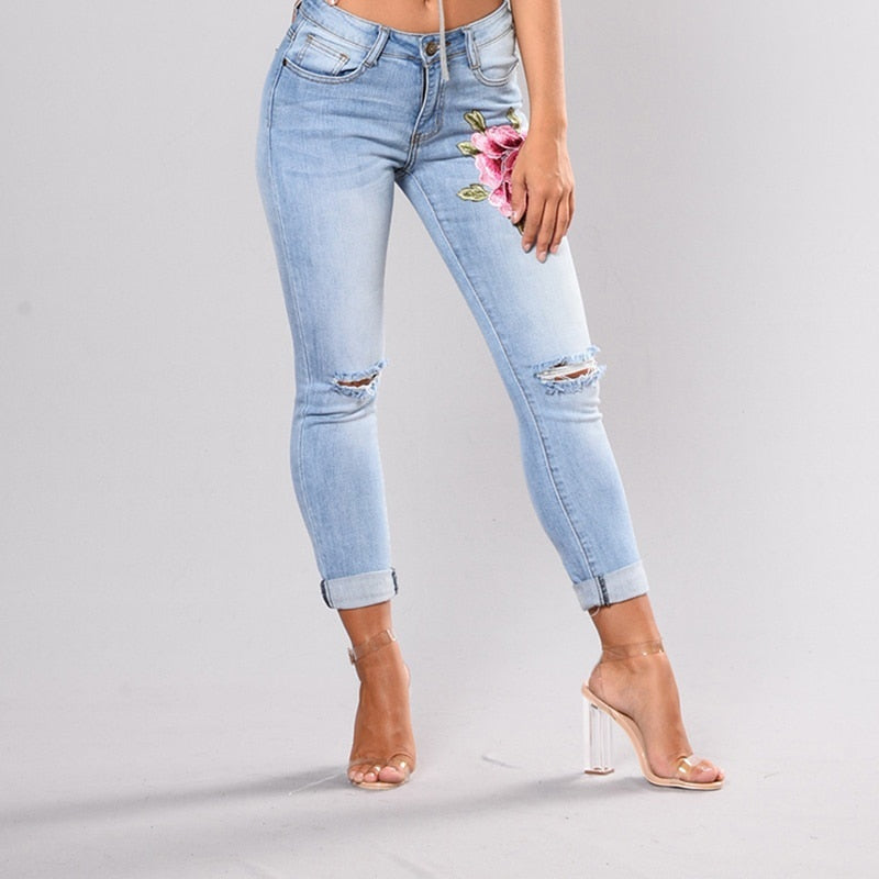 Stretch jeans embroidered elastic flower jeans Slim denim hole ripped rose