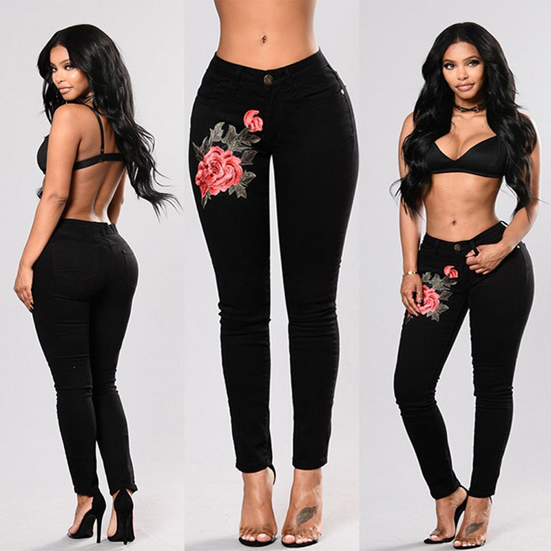 Stretch jeans embroidered elastic flower jeans Slim denim hole ripped rose