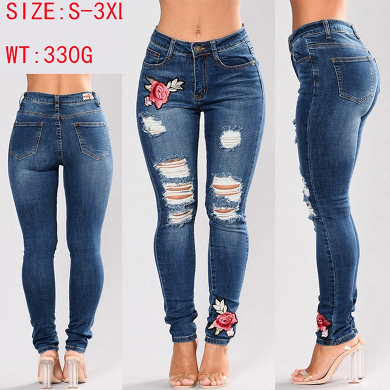 Stretch jeans embroidered elastic flower jeans Slim denim hole ripped rose