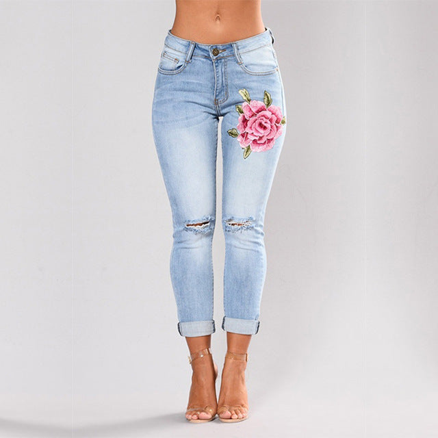 Stretch jeans embroidered elastic flower jeans Slim denim hole ripped rose