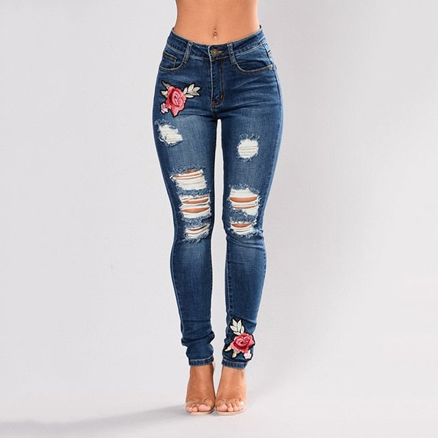 Stretch jeans embroidered elastic flower jeans Slim denim hole ripped rose