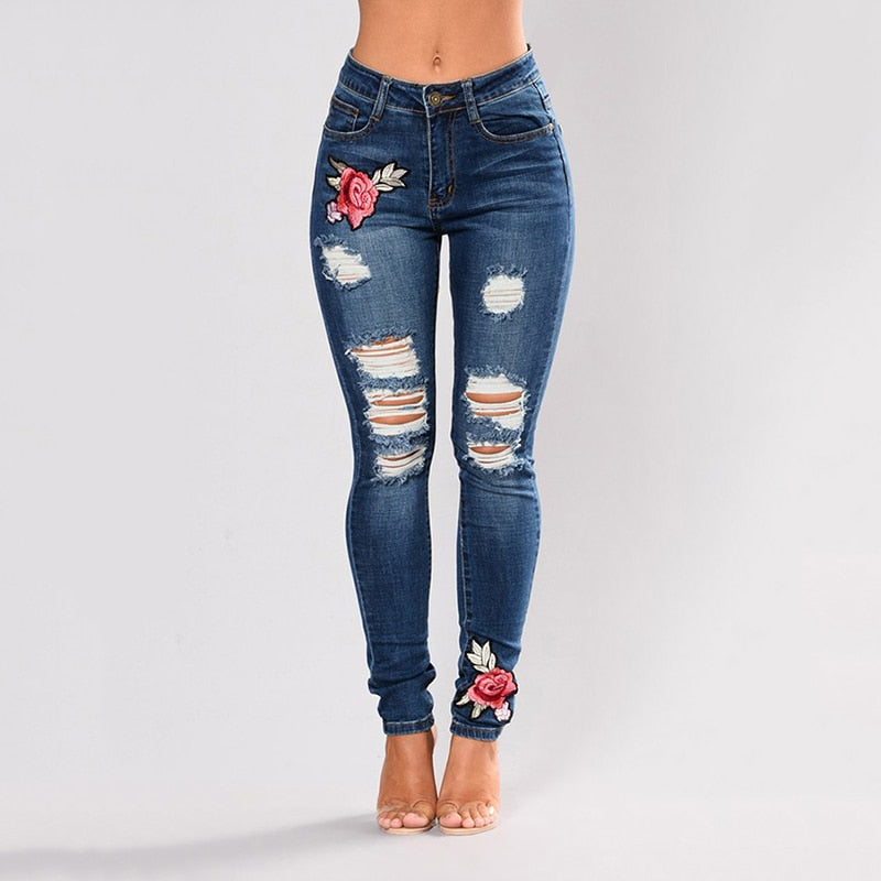 Stretch jeans embroidered elastic flower jeans Slim denim hole ripped rose