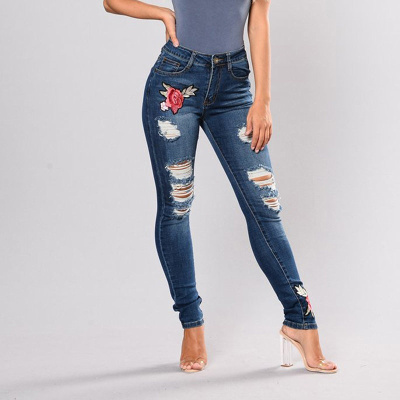 Stretch jeans embroidered elastic flower jeans Slim denim hole ripped rose