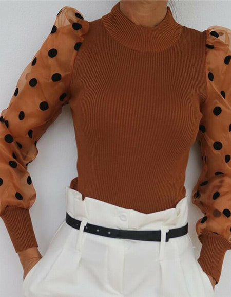 Women Spring Mesh Puff Long Sleeve Ribbed Knitted Shirt Loose