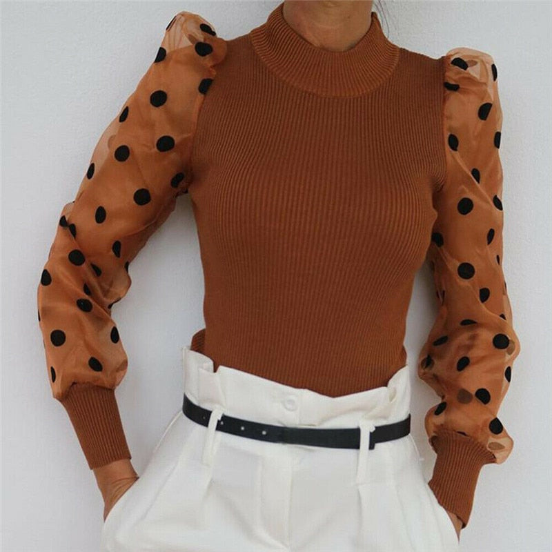 Women Spring Mesh Puff Long Sleeve Ribbed Knitted Shirt Loose