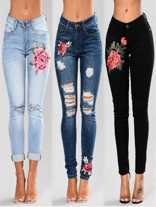 Stretch jeans embroidered elastic flower jeans Slim denim hole ripped rose